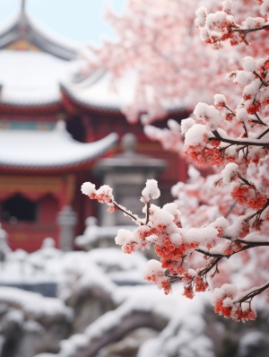 Unreal Engine, aesthetic atmosphere, snow, snow, virtual art, extreme close-up, creative composition, minimalist style, Snowy day, red wall of the Chinese Palace, plum tree on a red wall, covered in snow, blurred foreground, soft contrast, realism, color layers, depth of field, high quality, hyperfine detail, ar 3:4 s 750