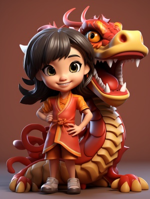 龙年吉祥物与中国小女孩3D版