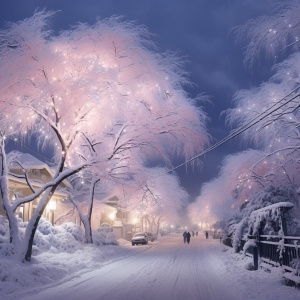 At night,the snow fell very big, snow,the roads and streets in Chinese rural cities and towns are covered with thick snow, white snow hanging on the pure white branches, a huge tree, a vast expanse of white, ultra high definition, pink,8Kv 5.2
