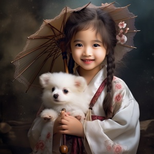 汉服小姑娘手持伞，白狗随行笑容甜美