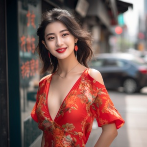 亚洲美女、五官端正精致漂亮、穿着中国旗袍，大腿修长，面带微笑，全身照，近景，站在大街上，周围商业街，近景，超高清、超分辨率，大师杰作