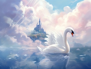 一幅画在云中的天鹅与一座城堡云，在2d游戏艺术的风格，浅白和灰色，动画插图，粗糙的集群，笔触探索，儿童书籍插图