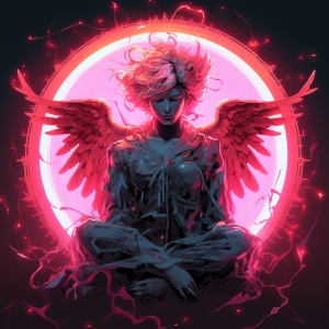 一位荧光粉色翅膀的天使，在夜空中熠熠生辉，头上顶着荧光粉色的光环