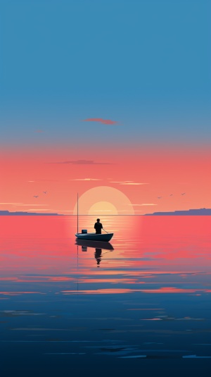 太阳落山时，一名渔民将其投射到水中，以浅蓝色和浅红色的风格，全景比例，皮特·特纳，uhd图像，低角度，梅丽莎·洛奈