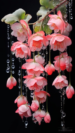 垂丝海棠，有露珠，大师作品，海棠花，白色的粉色的红色的，很多一串串的海棠花，像风铃，花瓣有露珠，娇艳欲滴，水晶引擎，彩色炫染，阳光明媚，高清