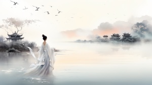 一个穿着白色连衣裙的美女背影、站在宽阔的大江边，一座滕王阁，傍晚时分，天空有彩霞，空中飞翔着几只白色的鸟。中国水墨画。看上去大气。