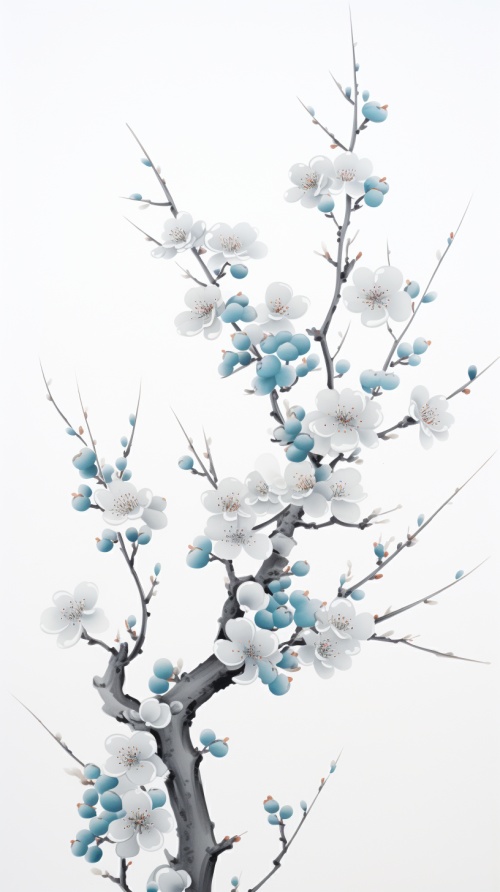chinese art of calligraphy with a sakura branch design, in the style of light gray and blue, pointillist florals, pentax 645n, clean and simple designs, light beige and white, simplistic cartoon, pastoral settings
