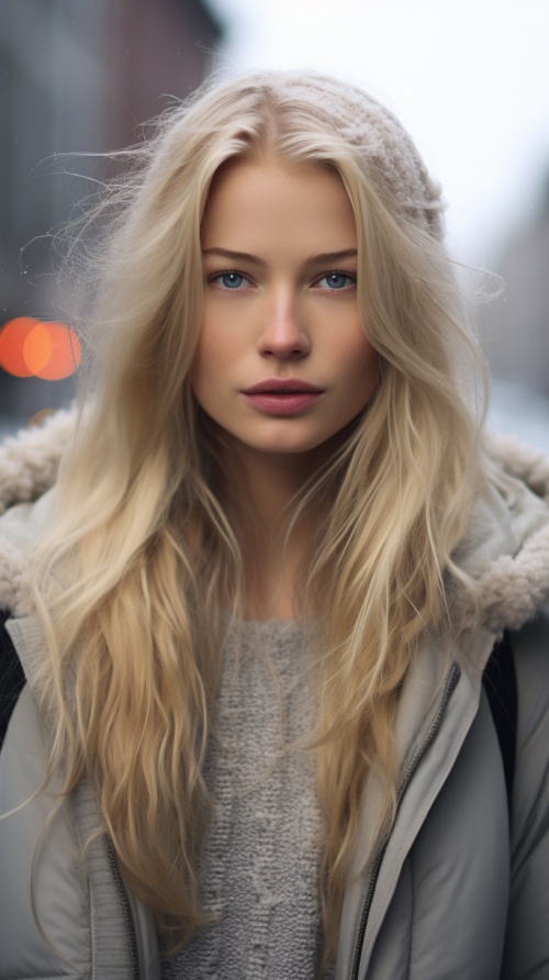 一张专业人像照片，拍摄了一位美丽的挪威女孩，她穿着冬季服装，拥有长而波浪的金色头发，妩媚而调皮的表情，(雀斑)，漂亮而对称的面容，可爱的自然妆容，穿着优雅而温暖的冬季时尚服装，((站在雪城的街道上))，惊艳的现代城市环境，超现实主义，概念艺术，优雅，高度细致，复杂，焦点清晰，景深适宜，f1.8，85mm，中景，中景拍摄，((经过专业调色))，明亮柔和的散射光，(体积雾)，精致的面部描写