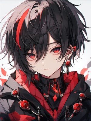 Anime-style Boy with Chipped Black Hair and Peach Blossom Red Eyes