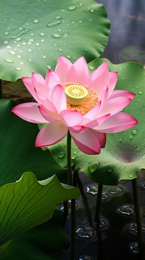 a pink lotus flower in water with a drop of water, in the style of eastern zhou dynasty, photo-realistic landscapes, creative commons attribution, red and green, walter launt palmer, water drops, massurrealism
