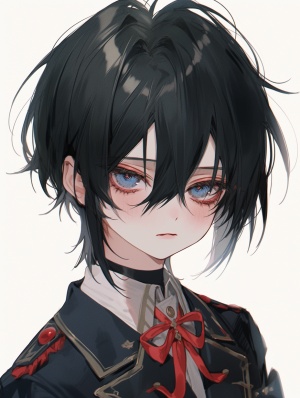 Anime style, boy, black chipped hairstyle, red peach blossom eyes, black hearts in pupils, wearing aristocratic school uniform.