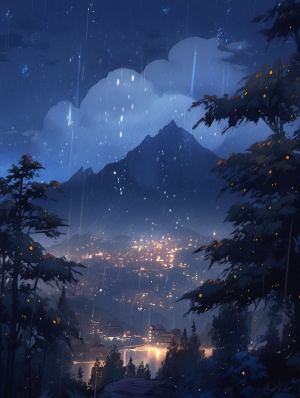 中国插画风：夜晚远山下的超高清大雨