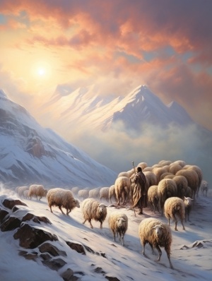 清晨的雪山牧羊人