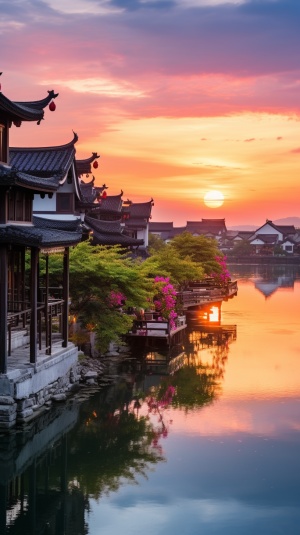 Jiangnan water town, sunset sunset scenery, real photography, super high definition, as long as a small pavilion, not more, 8k, the distance is the mountain, the near is the river, super wide angle, close view, v1, full, the highest image quality v 5.2