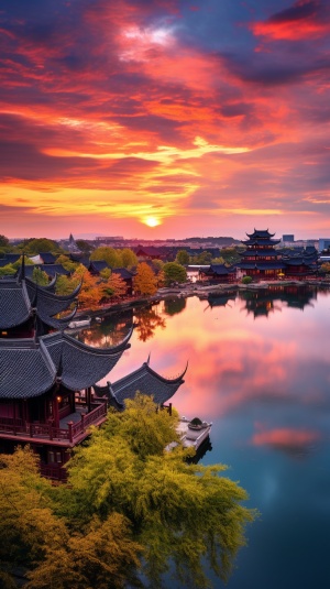 Jiangnan water town, sunset sunset scenery, real photography, super high definition, as long as a small pavilion, not more, 8k, the distance is the mountain, the near is the river, super wide angle, close view, v1, full, the highest image quality v 5.2