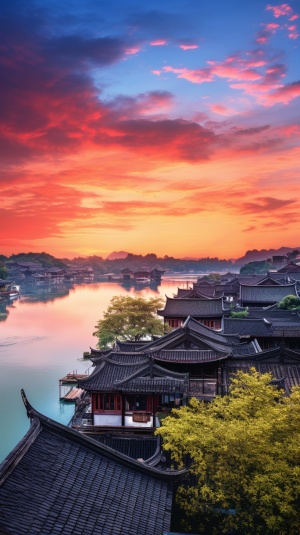 Jiangnan water town, sunset sunset scenery, real photography, super high definition, as long as a small pavilion, not more, 8k, the distance is the mountain, the near is the river, super wide angle, close view, v1, full, the highest image quality v 5.2