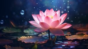 一朵盛开的荷花，在池塘里，花瓣上有水珠