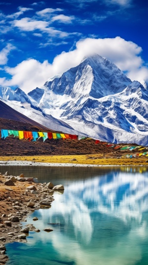西藏，山上覆盖大量彩色经幡，雪山雪峰群，雄伟壮观，视野宽广，景深，山下雪松林，湖水，倒影，湛蓝天空，山间云雾，专业航拍摄影，细节丰富，色彩唯美，高清晰度
