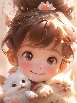 可爱灵动娃娃脸与小猫咪的美丽卡通画