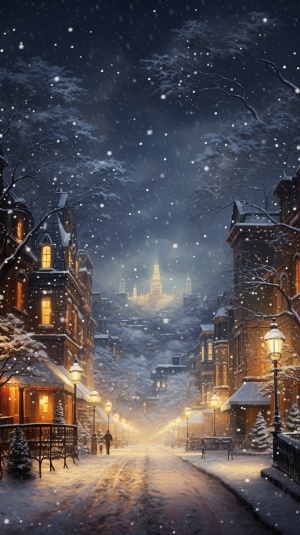 Beautiful snow scenery, with many snowflakes floating in the sky,, Streets, streets, trees, realism ar 9:16