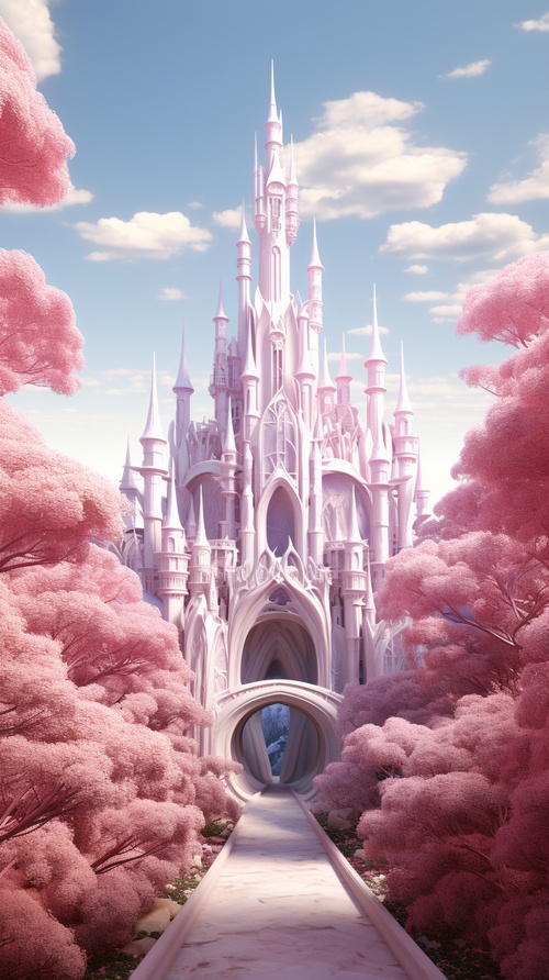 Pink forest and white castle, a hyper - detailed C4D render, spiral ring the composition, Disney，surrealism, surreal concept art, digital painting, complex, aesthetic, smooth, sharp focus, artstation hd, by greg rutkowski, bruce pennington, valentina remenar and asher duran, virtual engine