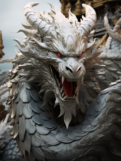 A complete silver white Chinese dragon,wide-angle lenses, big scenes, stunningmovie visuals, myths, exquisite details,high-definition, photo realistic, movieeffects, game original, stills, Xianxia style,hazy feeling, ar 300:400 niji 5