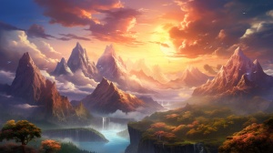 山脉层峦叠嶂，云雾缭绕，在夕阳的照耀下，仿佛人间仙境一般，置身于世间之外