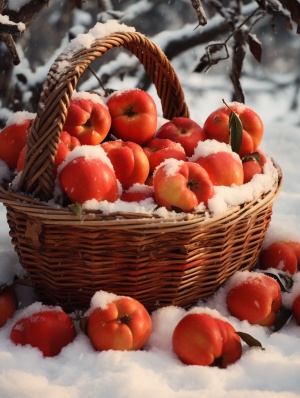 红柿子篮子在雪上的浪漫写真
