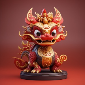 A Cute Chinese Dragon with Golden Patterns and Red Traditional Clothing