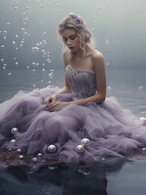 High-definition fashionphotography, high-end,ambiguousatmosphere. a beautiful woman is sittingon the water with beads in her hands,wearing a purple and grey soft gauzeskirt, exquisite appearance, creamy skin,8K Resolution ar 3:4 iw 1.75niji 5