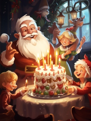 圣诞节，美食，卡通，圣诞老人，麋鹿，蜡烛，家庭聚餐，笑容，礼物，雪花，圣诞树，奶油蛋糕，火鸡腿