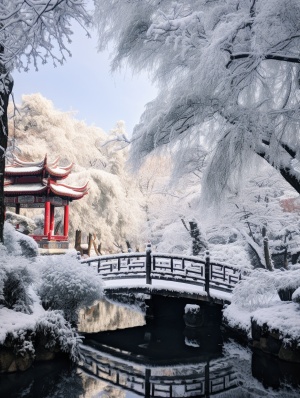 江南小镇，小桥，树木，冬天，下雪