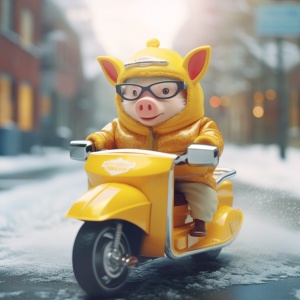 4k,一只小猪，身穿黄色美团外卖服，头戴头盔，带墨镜骑上电动车，在大雪纷飞的城市街道中疾驰送餐，表情着急，全身镜头，周围镜头模糊虚化，3D迪士尼风格。