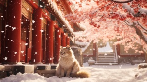 故宫白雪红墙下的长毛猫