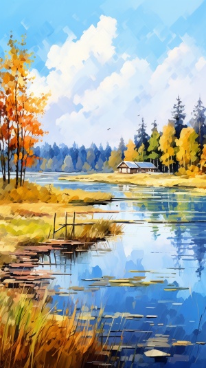 美丽的一天，秋天的风景和水，在世纪中叶的插图风格，8k分辨率，pyotr konchalovsky，超详细，斯蒂芬·肖特里奇，天蓝色和米色，彩绘插图