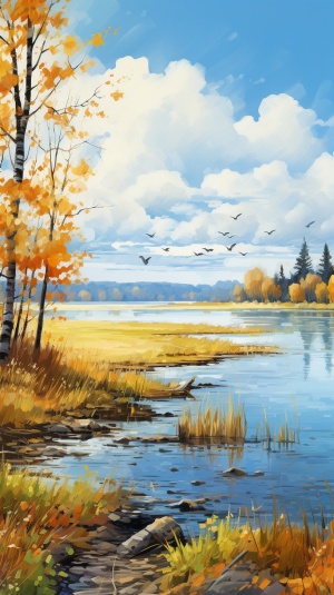 美丽的一天，秋天的风景和水的彩绘插图
