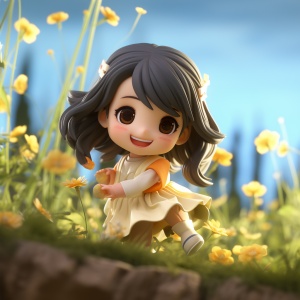 Cute Little Girl with Long Black Hair and Disney Pixar Character in 3D