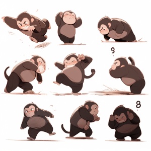 Multiple poses and expressions, cute monkey with Super Obesity full body on white background