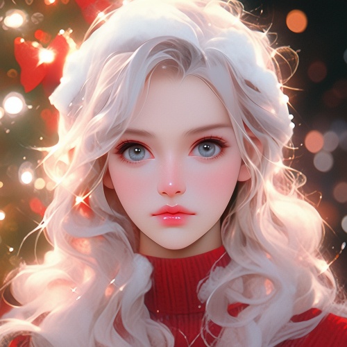 娃娃脸，脸部立体，3d，皮肤真实感可爱，灵动，俏皮，闪亮亮的大眼睛，扎着可爱的发型，模样可爱，卡通画，q版，可爱，美丽的人物画，圣诞背景，皮肤真实感，背景虚化，圣诞节，背后有圣诞树，圣诞氛围