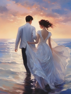 中国夫妻手牵手，男人西装帅气，女人漂亮白色裙子，蓝色的大海边，背影，浪漫，天空有落日余晖，克莱因蓝，现实主义，油画风格，唯美