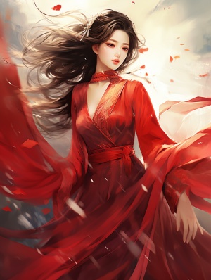 中国女人，红色的汉服裙子，大眼睛，长头发，美丽动人，跳舞，婀娜多姿，国画风，现实风格