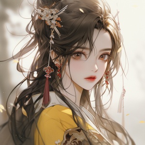 一个中国国风美少女，身穿黄色汉服，黑色长头发，大眼睛，红唇，害羞的表情，头戴精美发饰