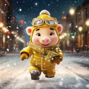 4K下雪城市街道中的快乐小花猪