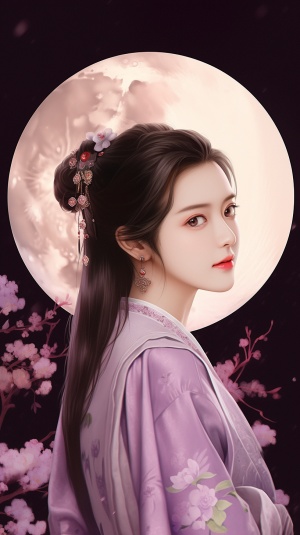 On,Mid-Autumn,Festival,,a,woman,wearing,a,purple,Han,suit,in,ancient,China,,with,large,eyes,,delicate,facial,features,,simple,clothes,,clear,details,,and,a,large,round,moon,in,the,background,,sat,under,the,osmanthus,and,played,the,pipa,in,high,detail,,32K,