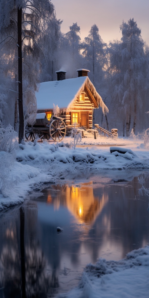 冬天的森林，雾凇美景，大雪飘落，小木屋在美景的衬托下显得格外宁静，小湖结冰，驯鹿拖着马车在雪中。