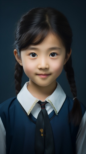 一个7岁中国小女孩，小学生学生装扮，大眼睛，长睫毛，有酒窝，扎着马尾，正面看着镜头，表情自然，面带微笑，双唇禁闭