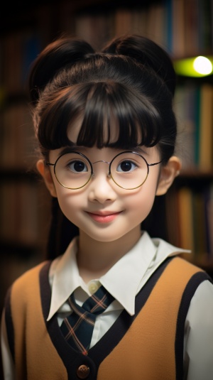 一个7岁中国小女孩，小学生学生装扮，大眼睛，长睫毛，有酒窝，扎着马尾，正面看着镜头，表情自然，面带微笑，双唇禁闭，背景是书柜