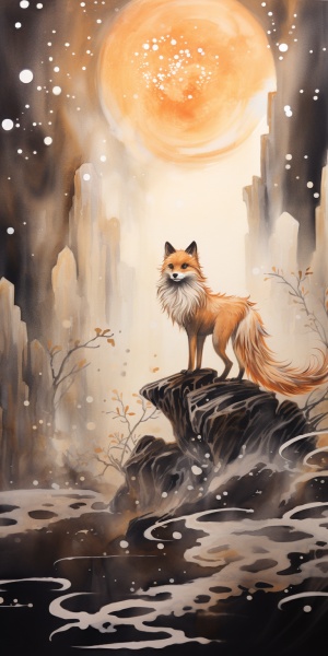 白色小九尾狐与金色凤凰在雾中的星光世界