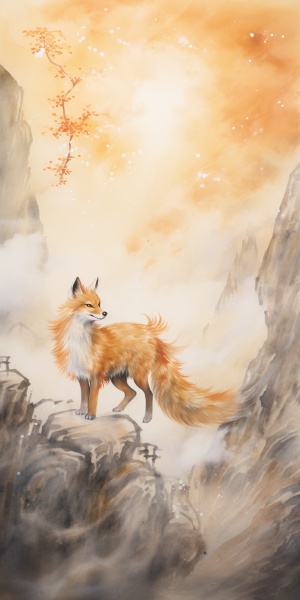 白色小九尾狐，站在石头上，前方飞过一只金色凤凰，环绕着几座带雾的山，天空掉落点点星光