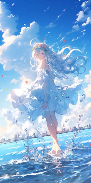 一个白色长发少女，穿着白色的连衣裙，一只手玩着头发一只手提着裙子站在水中间背后蓝天白云风景优美
